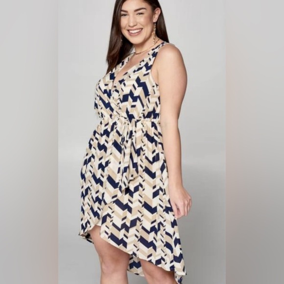 Navy & Tan Geo Print Sleeveless Faux Wrap Dress High-Low - Multiple sizes NEW! - Picture 1 of 1
